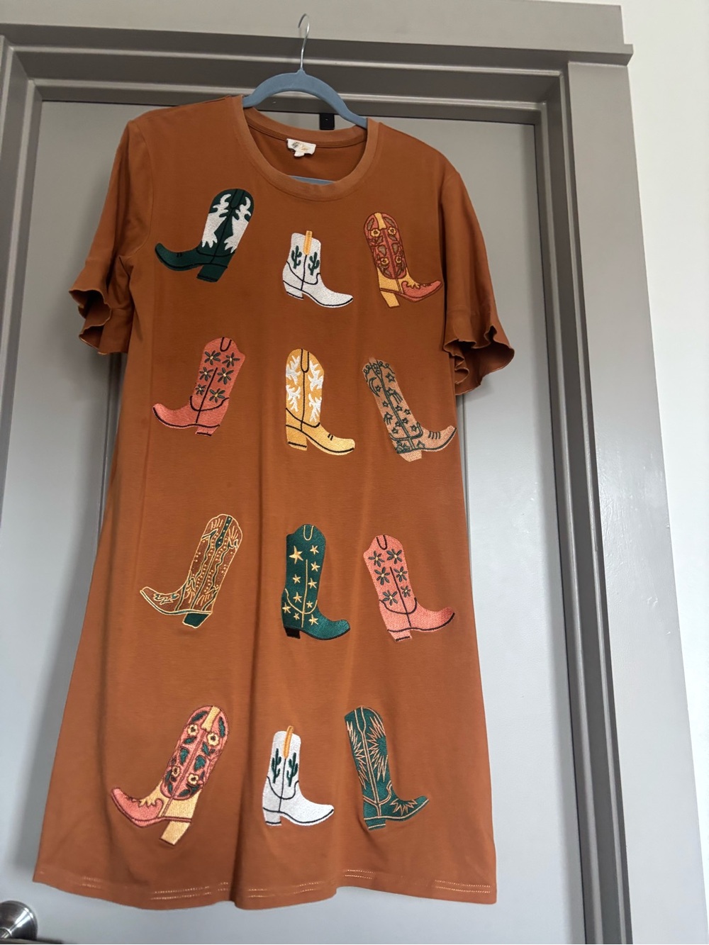 Rust Brown Cowboy Boot Patchwork Tee Dress